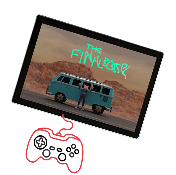 Game displayed on a tablet above a controller illustration